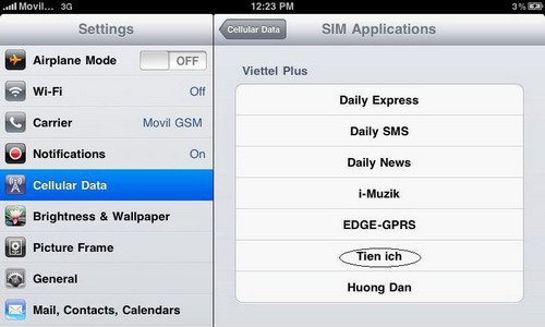 Nạp thẻ Viettel vào Sim 3G cho Ipad trong mục settings